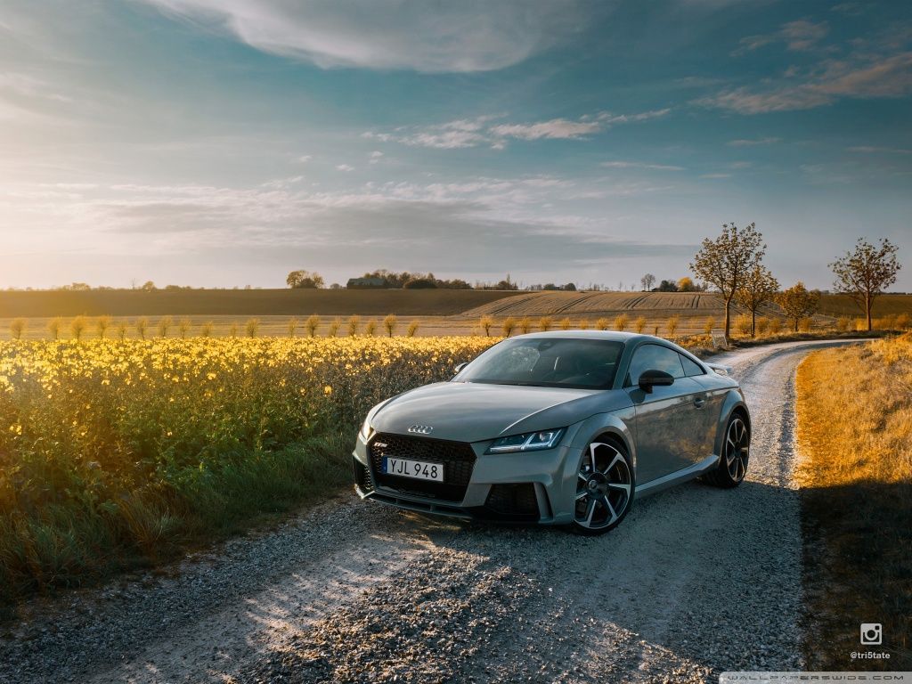 Audi TT RS, Grau, Feldweg, Sonnenuntergang, Rapsfeld, Hintergrundbild für iPad und Tablet