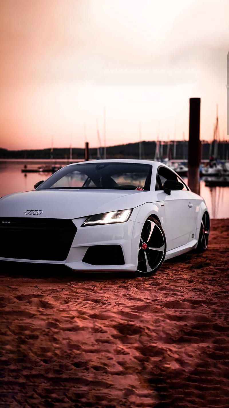 Audi TT, Weiß, Strand, Sonnenuntergang, Frontansicht, HD, Handy-Hintergrund im Hochformat