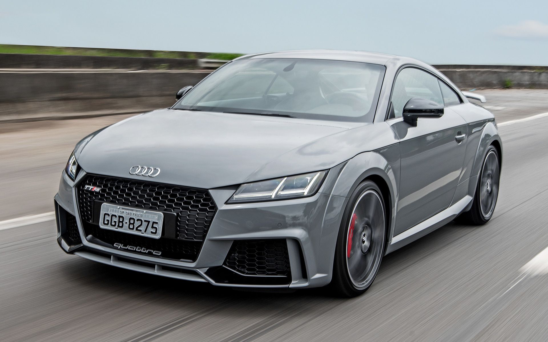 Audi TT RS, Grau, Fahraufnahme, Frontansicht, Bewegungsunschärfe, Full HD, Laptop-Hintergrundbild