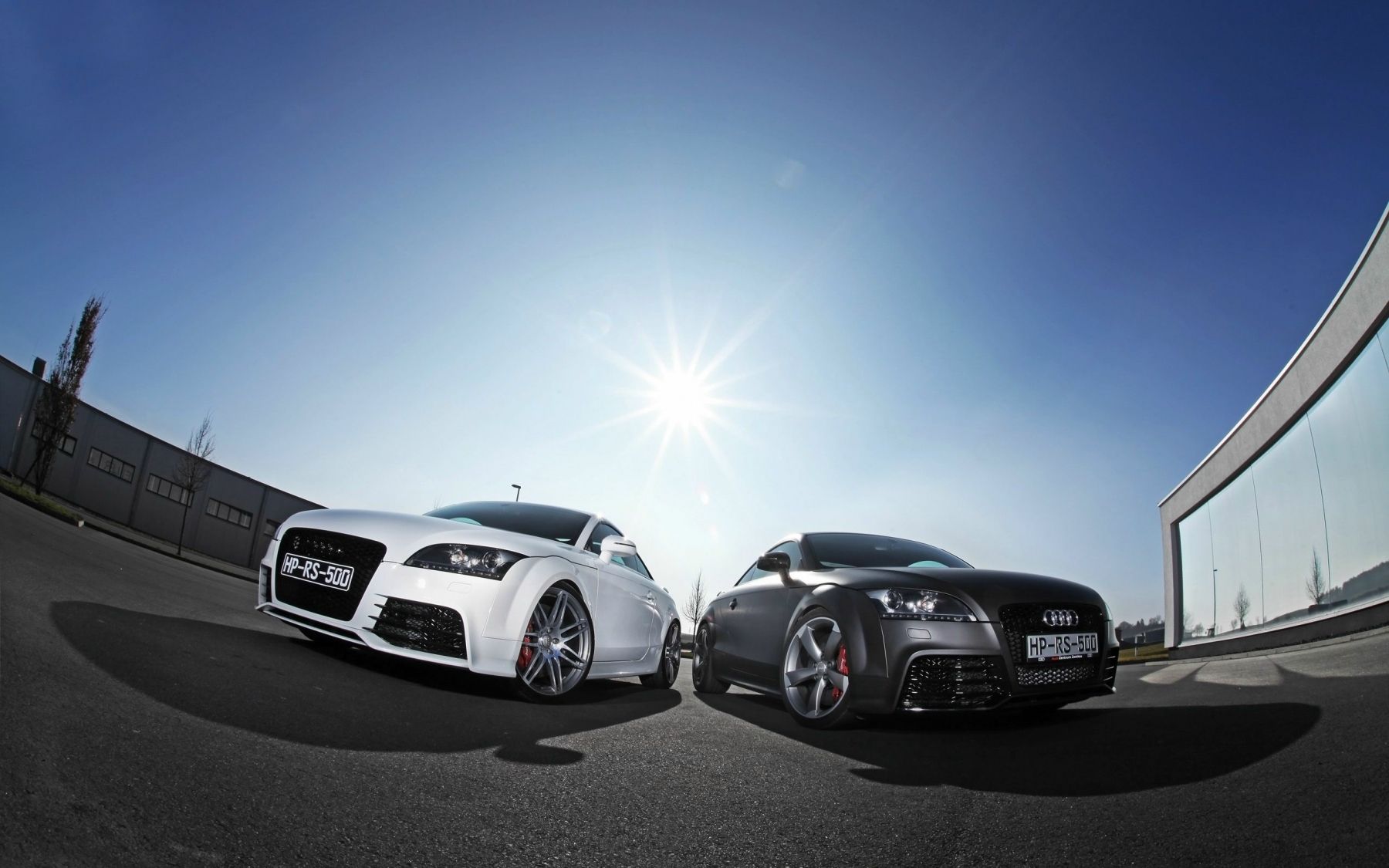 Audi TT RS, Zwei Autos, Weiß und Schwarz, Sonne, Fischaugen-Perspektive, HD, Breitbild-Hintergrundbild