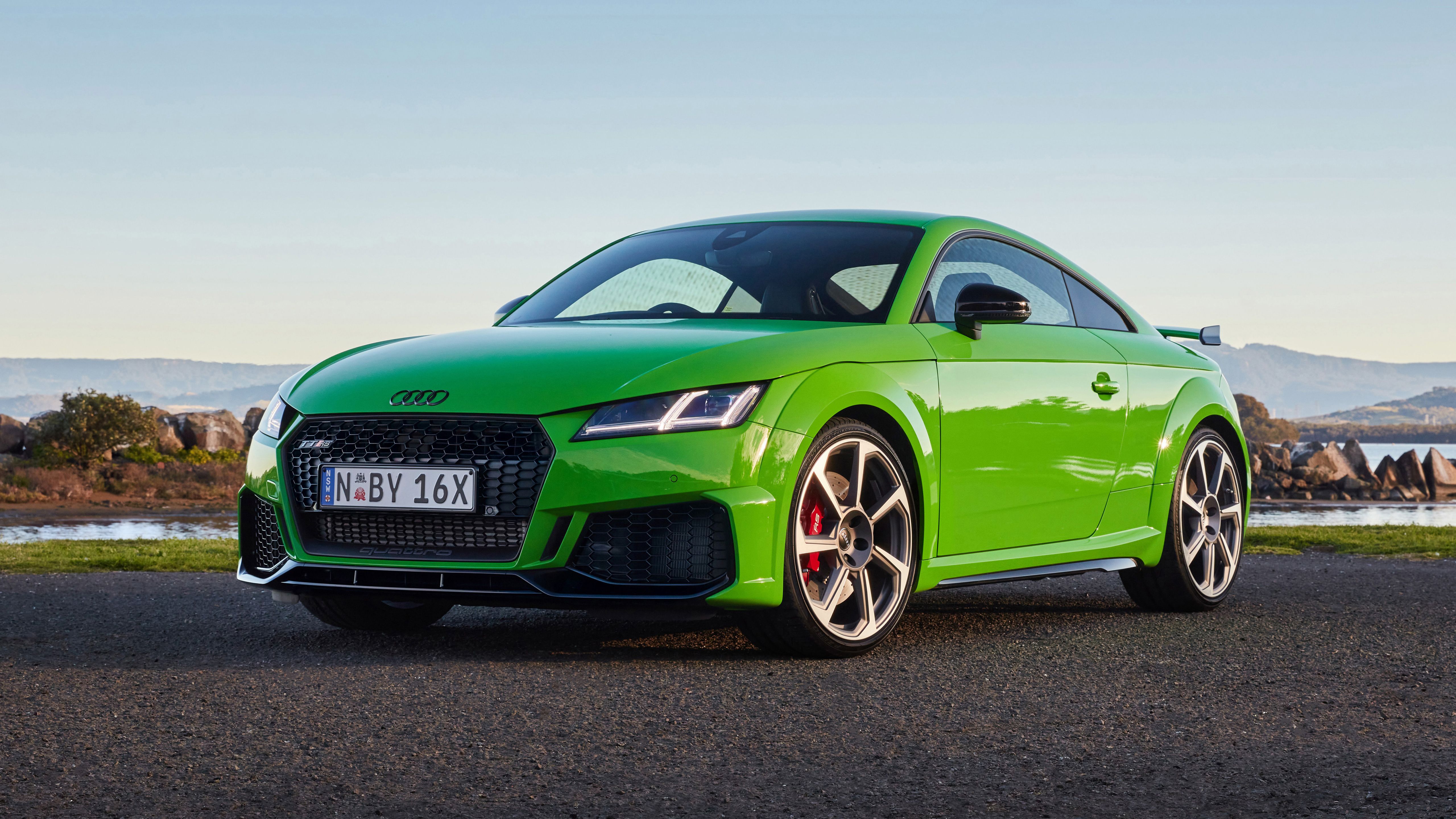 Audi TT RS, Grün, Küste, Dreiviertelansicht, Coupé, 5K, Hintergrundbild für den PC