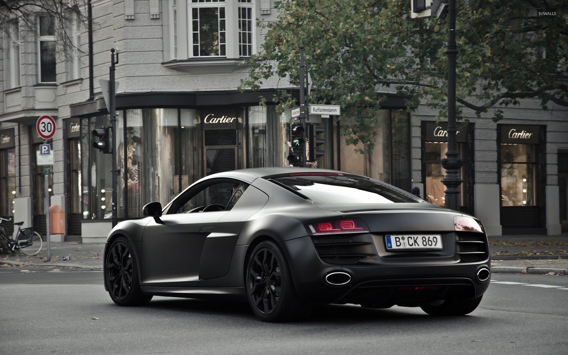 Audi R8, Grau, Stadtstraße, Boutique, Heckansicht, Full HD, Desktop-Hintergrund für Windows
