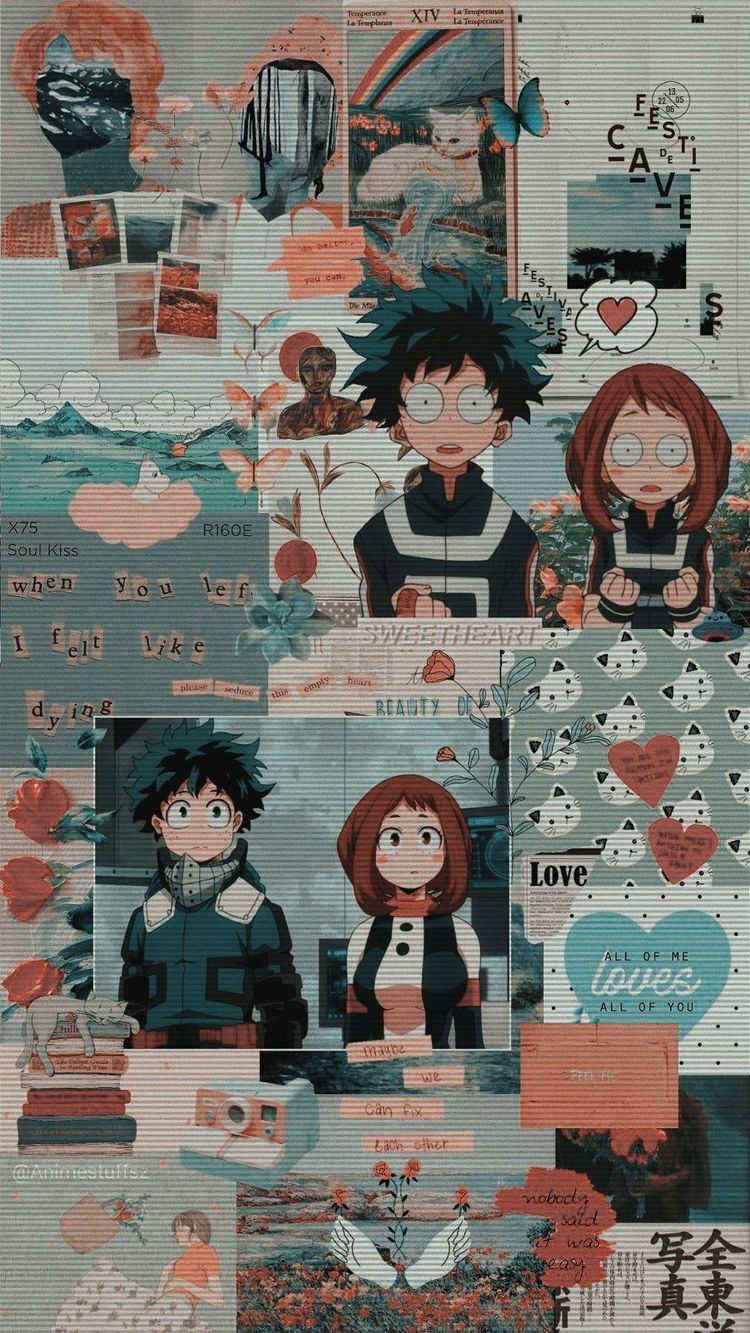 Izuku Midoriya, Ochaco Uraraka, My Hero Academia, Collage, Aesthetic, Pastellfarben, HD-Handy-Hintergrundbild