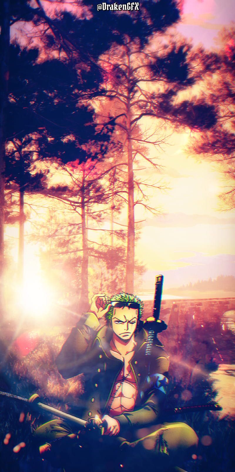 Lorenor Zorro, One Piece, Wald, Sonnenstrahlen, Fanart, HD, Handy-Hintergrund im Hochformat