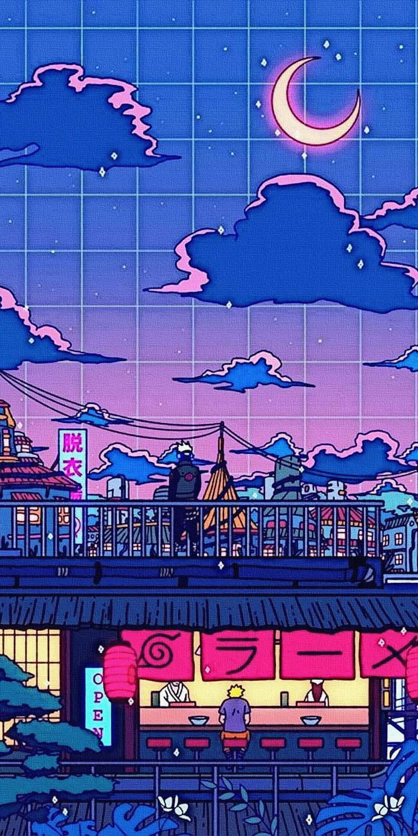 Naruto, Ichiraku Ramen, Pixel-Art, Nacht, Mond, Hintergrundbild für iPhone und Android