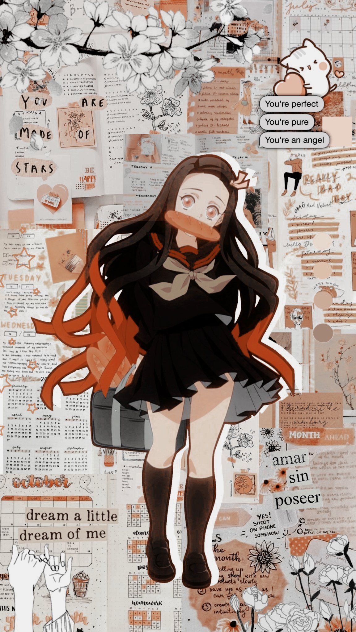 Nezuko Kamado, Demon Slayer, Collage, Ästhetik, Beige, Hochformat, Hintergrundbild fürs Smartphone