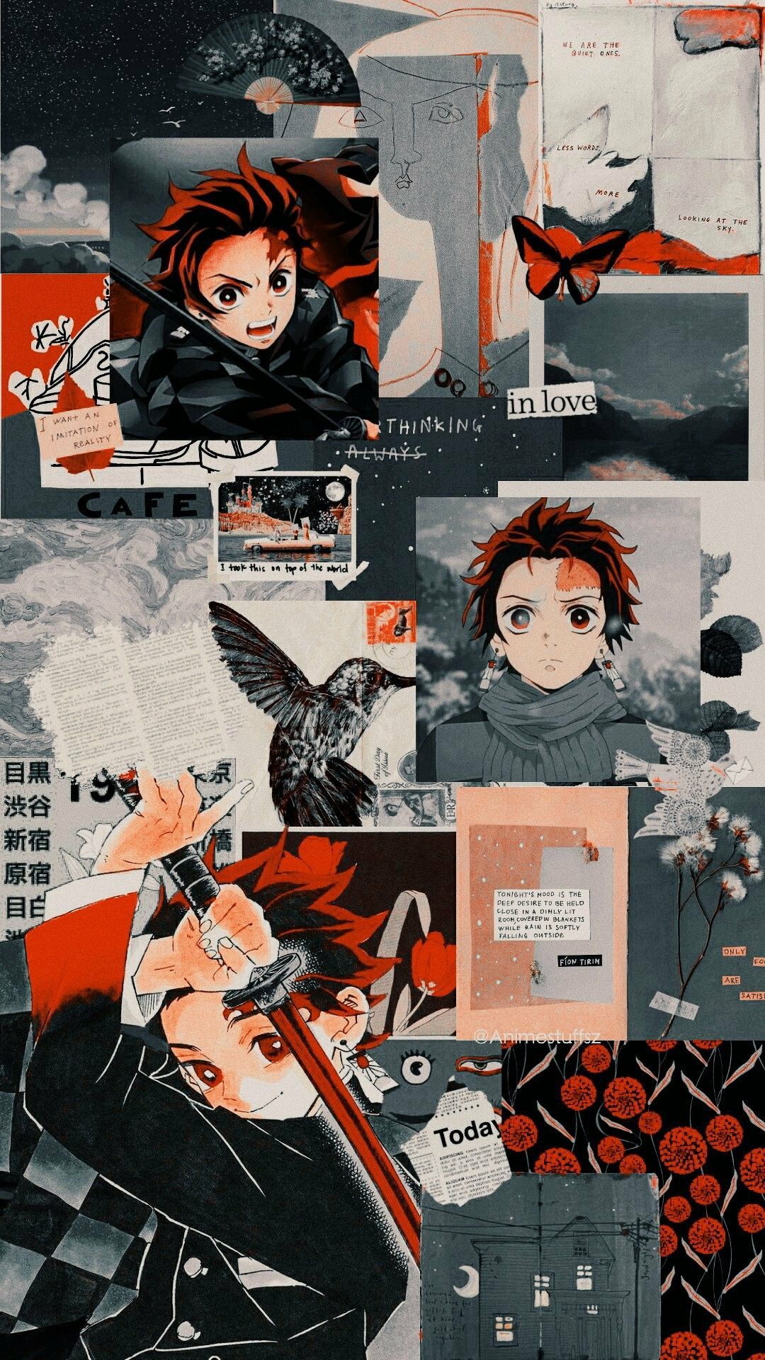 Tanjiro Kamado, Demon Slayer, Collage, Manga, Ästhetik, Full HD, Handy-Hintergrund im Hochformat