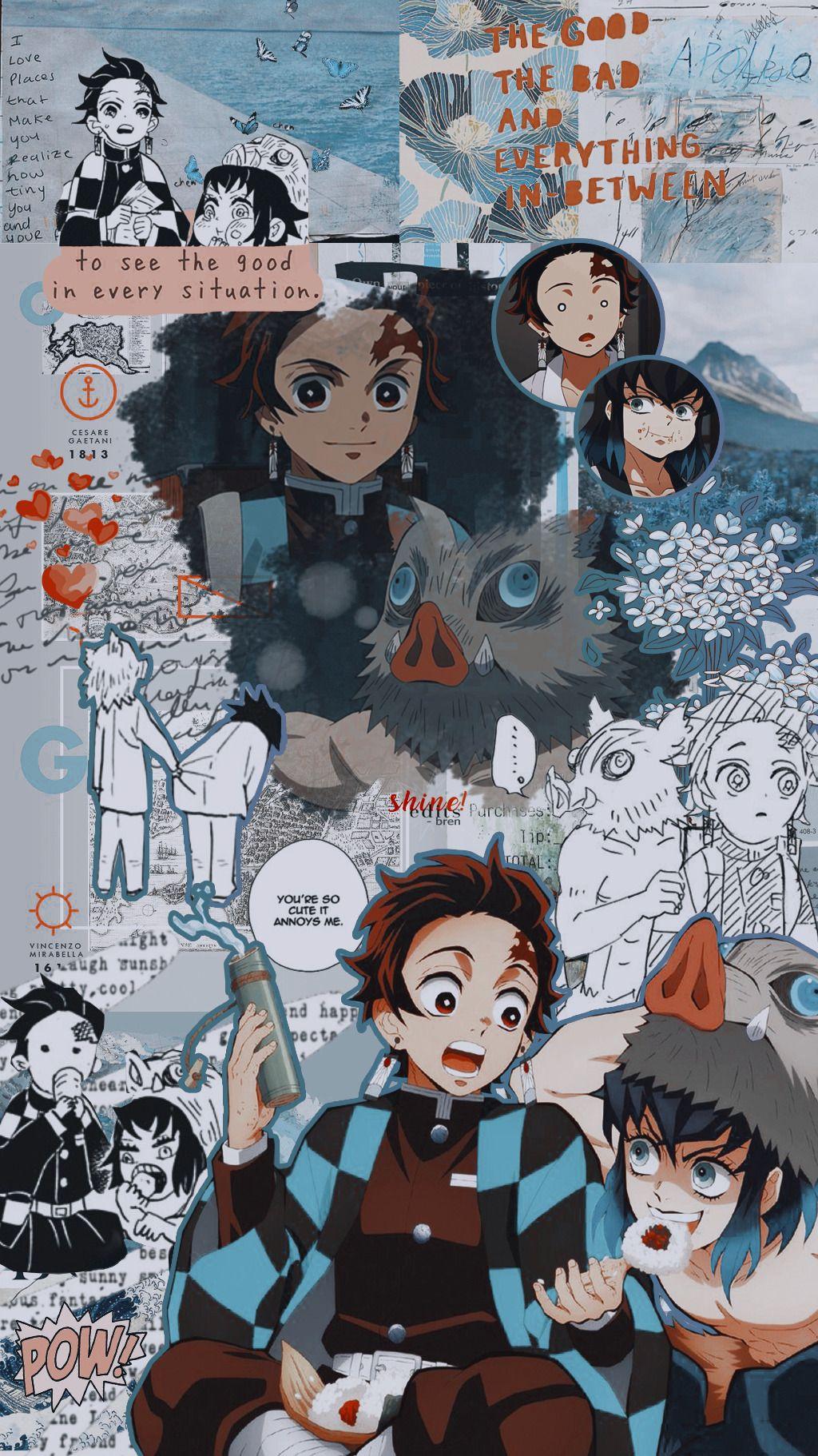 Tanjiro Kamado, Nezuko Kamado, Demon Slayer, Collage, Blau, HD, iPhone-Hintergrundbild