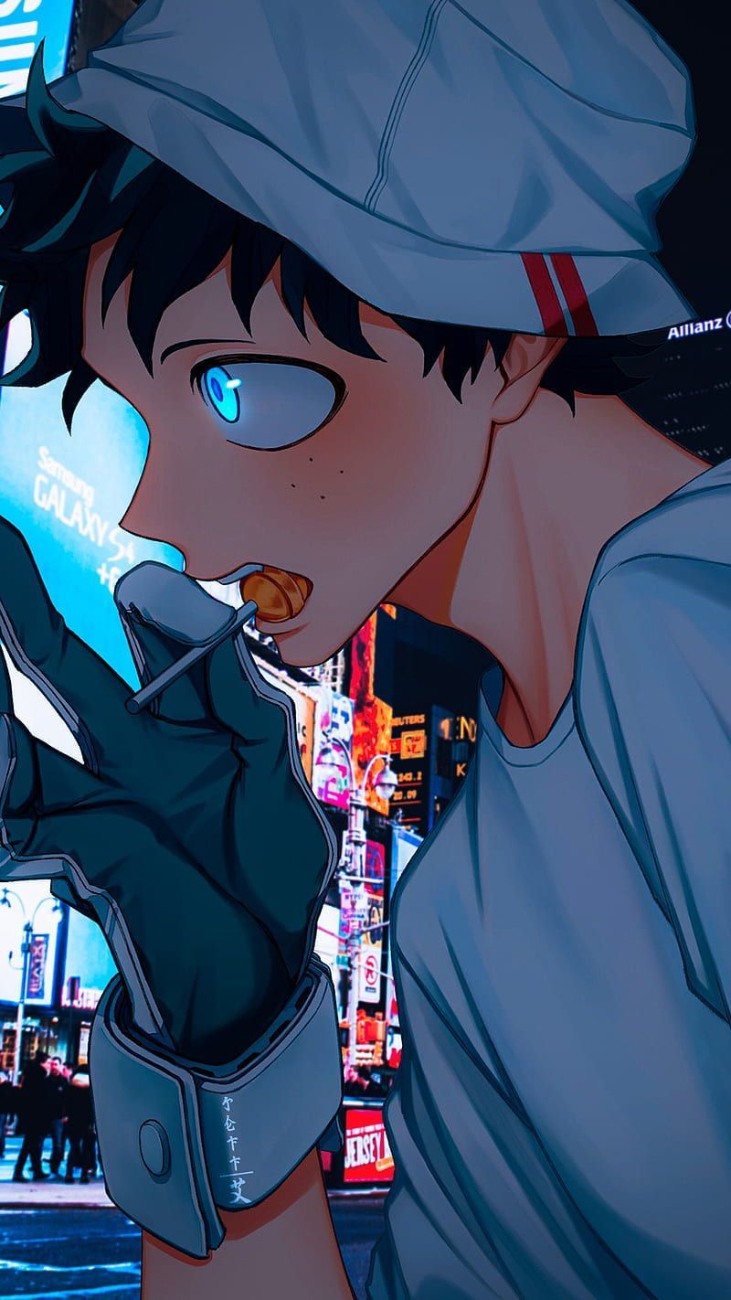 Izuku Midoriya, My Hero Academia, Leuchtende Augen, Neon, Nacht, Fan-Art, Hintergrundbild fürs Handy