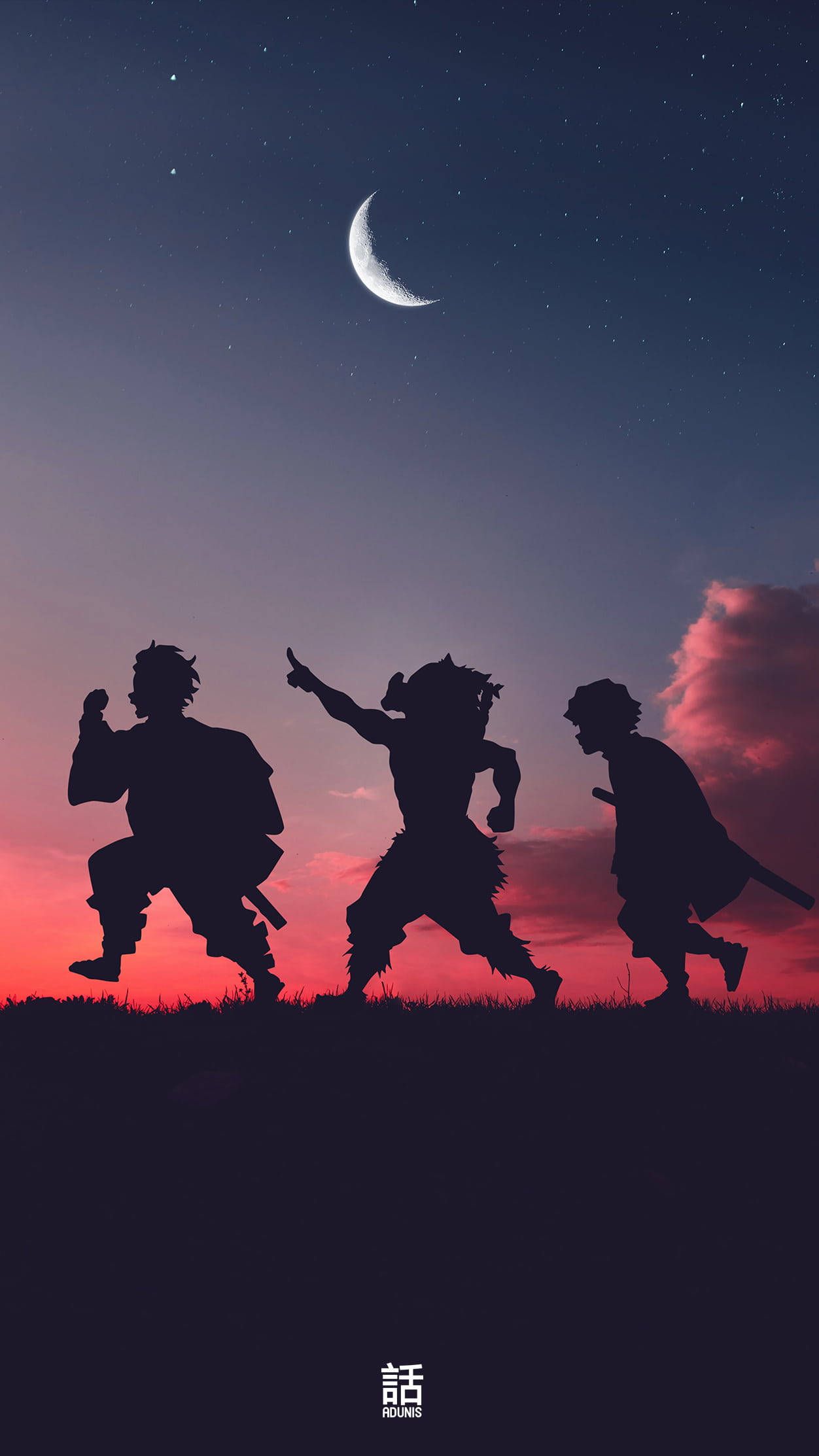 Tanjiro Kamado, Zenitsu Agatsuma, Inosuke Hashibira, Silhouetten, Mond, Abenddämmerung, Hochformat-Hintergrundbild