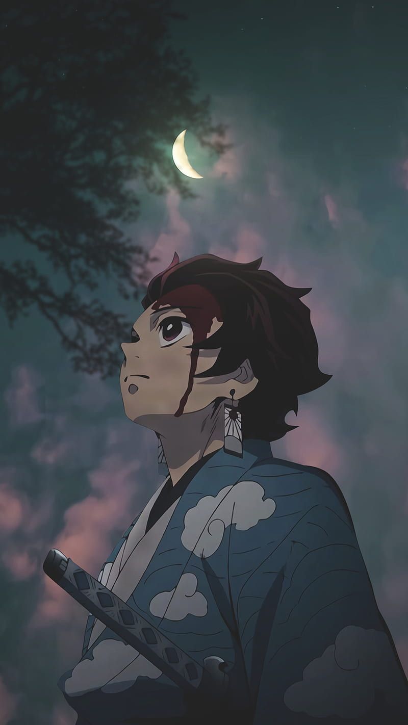 Tanjiro Kamado, Demon Slayer: Kimetsu no Yaiba, Mond, Nacht, Anime, Android-Hintergrundbild