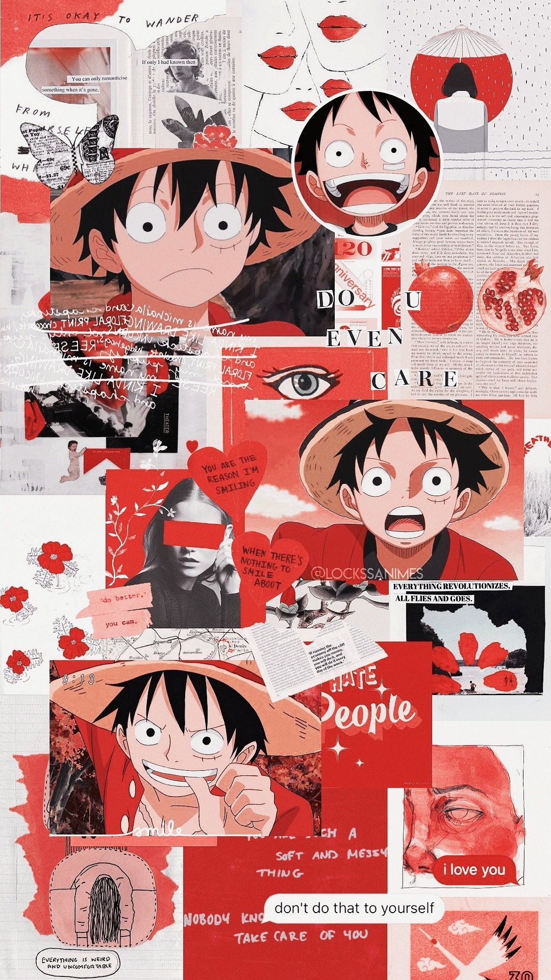 Monkey D. Ruffy, One Piece, Collage, Rot-Weiß, Manga, Hintergrundbild für iPhone und Android