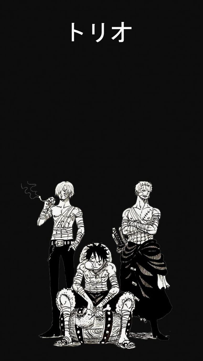 Monkey D. Ruffy, Lorenor Zorro, Sanji, Monster-Trio, Schwarzer Hintergrund, Sperrbildschirm fürs iPhone