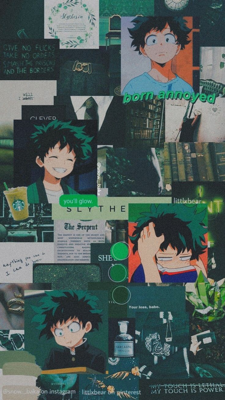 Izuku Midoriya, My Hero Academia, Collage, Grün, Aesthetic, HD, Handy-Hintergrund