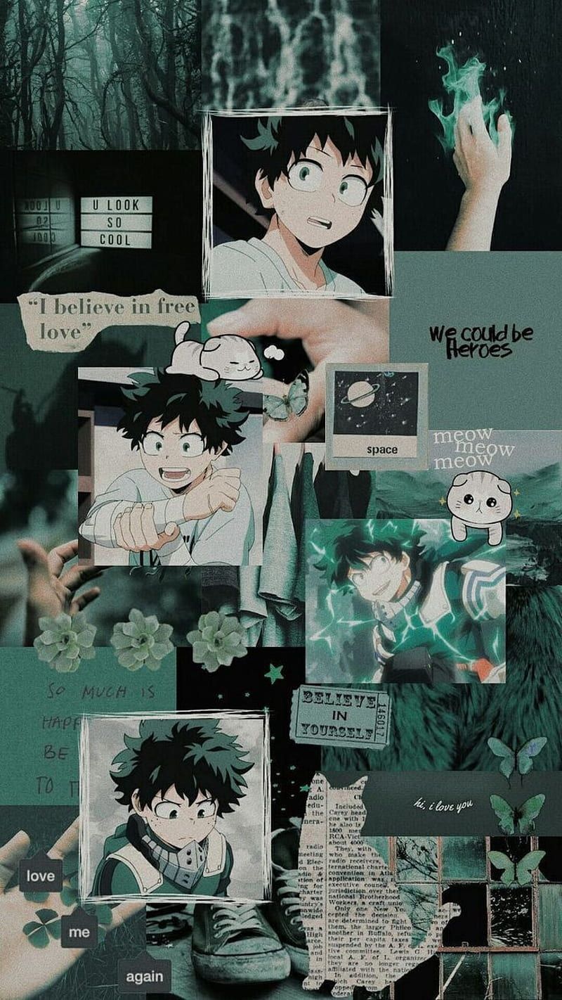 Izuku Midoriya, My Hero Academia, Collage, Dunkelgrün, Aesthetic, HD, Handy-Hintergrundbild