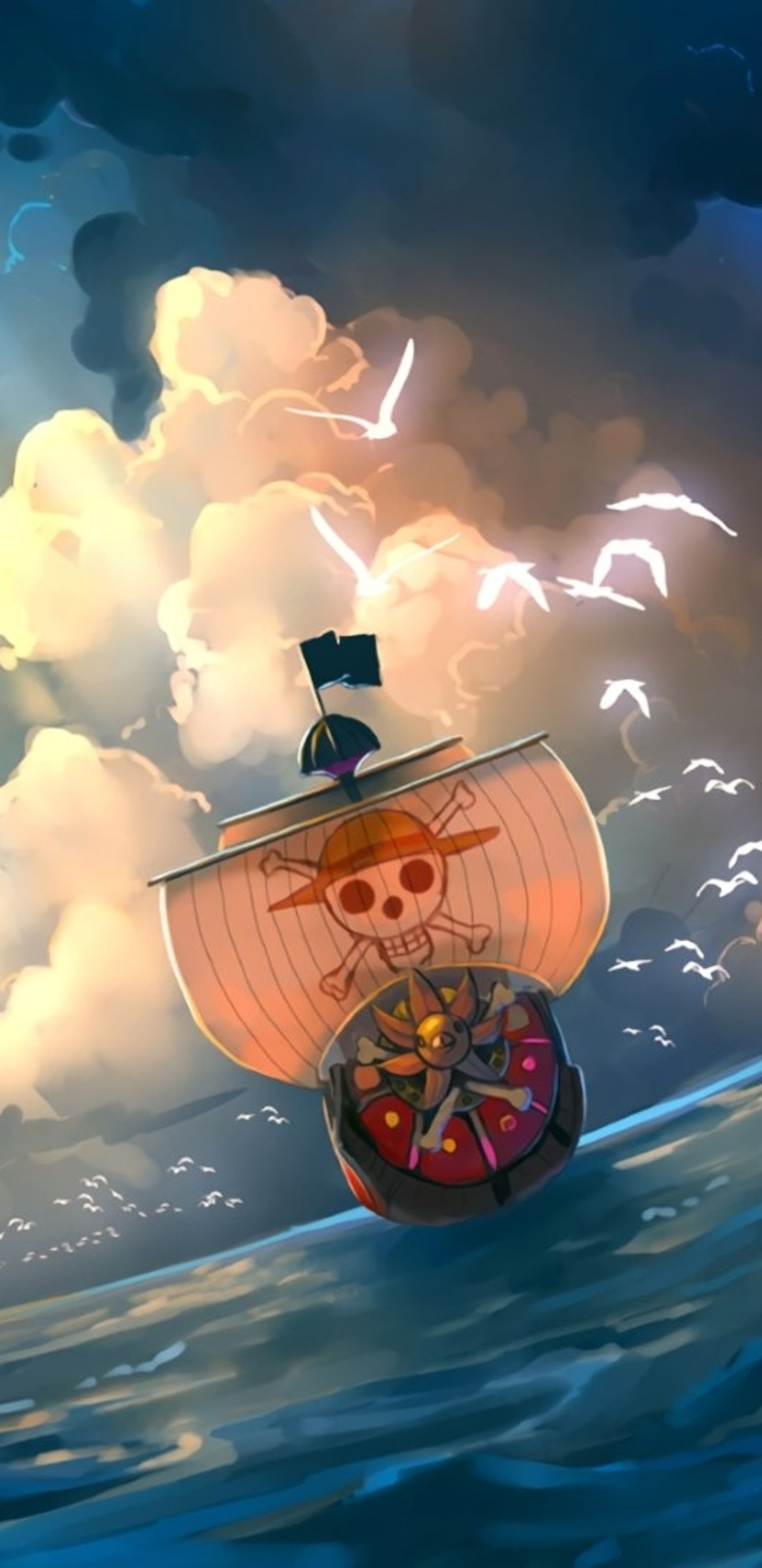 One Piece, Piratenschiff, Wolken, Meer, Anime, QHD+, Handy-Hintergrund im Hochformat