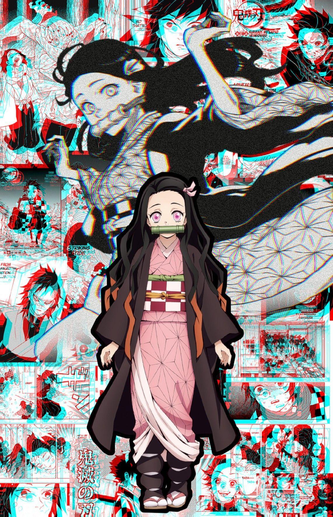Nezuko Kamado, Demon Slayer, Manga-Collage, Glitch-Effekt, Kimono, Full HD, Handy-Hintergrund