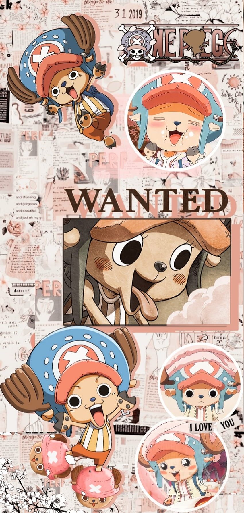 Tony Tony Chopper, One Piece, Steckbrief, Collage, Pastellfarben, HD, iPhone-Hintergrundbild