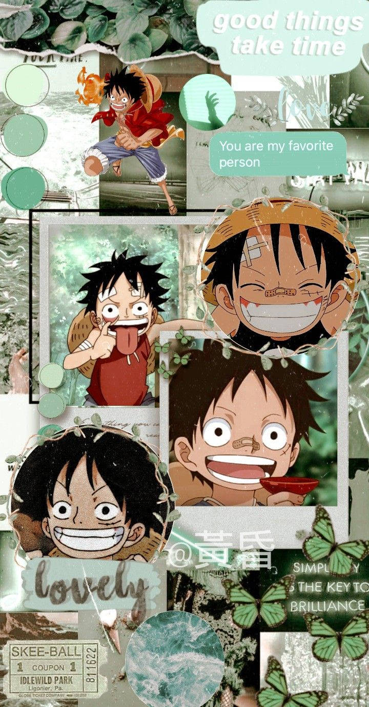 Monkey D. Ruffy, One Piece, Collage, Grün, Ästhetik, HD, Hintergrundbild fürs Handy