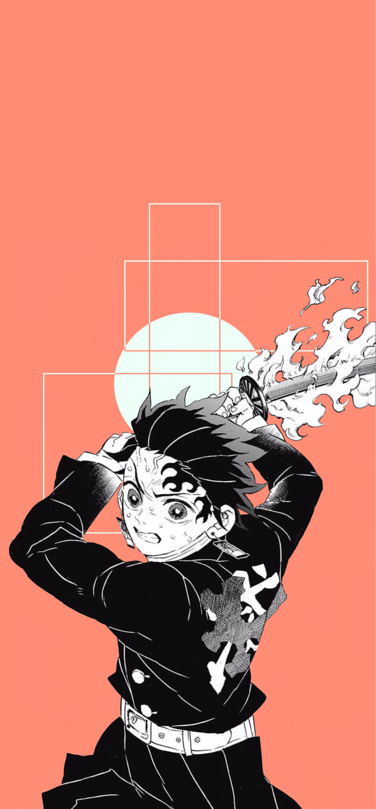Tanjiro Kamado, Demon Slayer, Schwert, Lachsrosa, Manga-Stil, Hintergrundbild fürs Handy