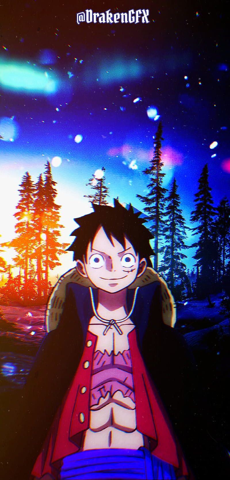 Monkey D. Ruffy, One Piece, Polarlicht, Nachthimmel, Wald, HD, Handy-Hintergrund
