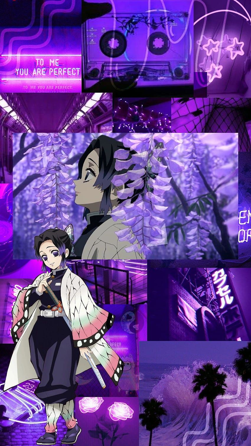 Shinobu Kocho, Demon Slayer, Collage, Lila, Neon, HD, Sperrbildschirm fürs iPhone