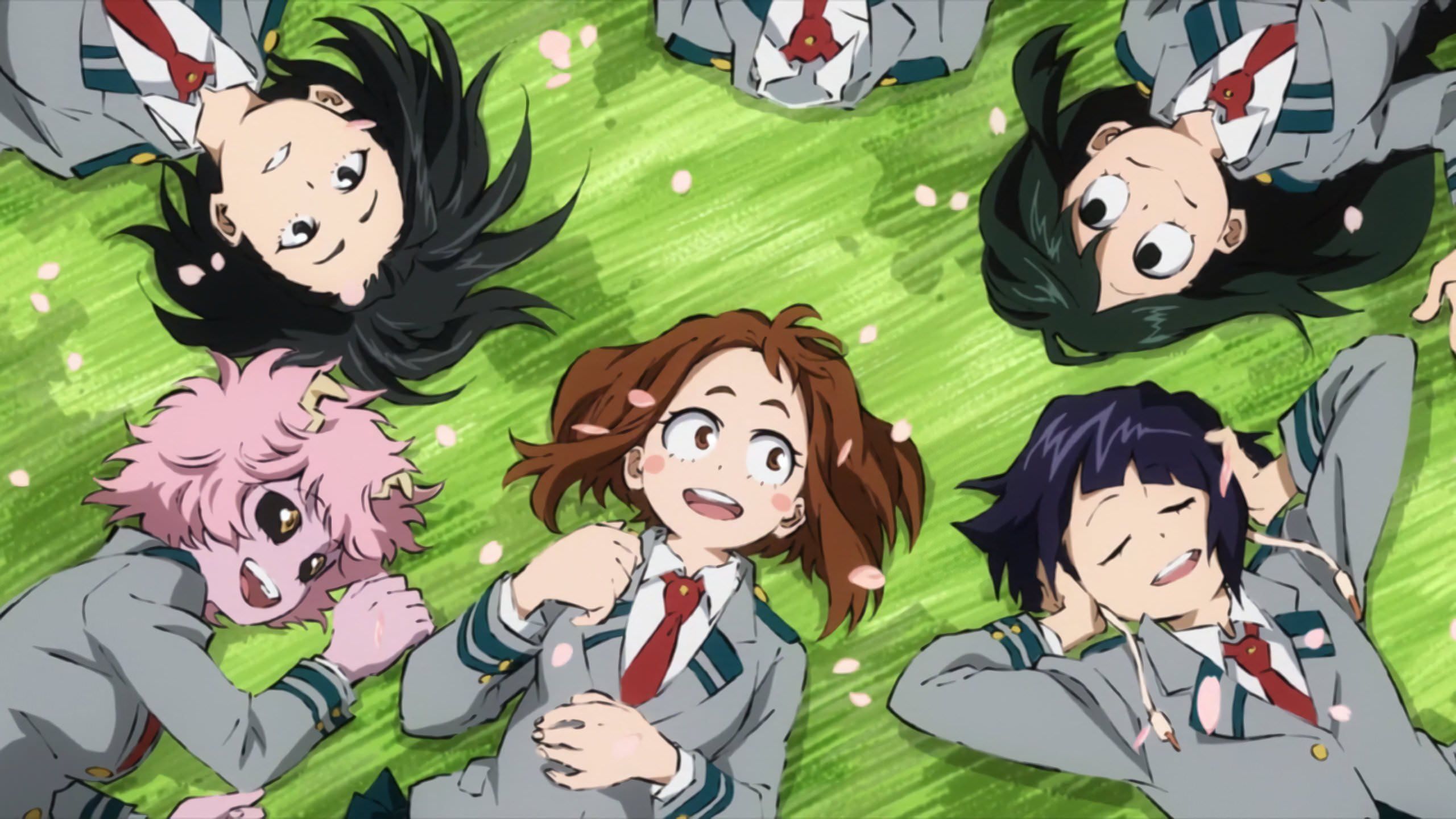 Ochaco Uraraka, Mina Ashido, Momo Yaoyorozu, Kyoka Jiro, Tsuyu Asui, My Hero Academia, Schuluniform, Wiese, 2K-PC-Hintergrundbild
