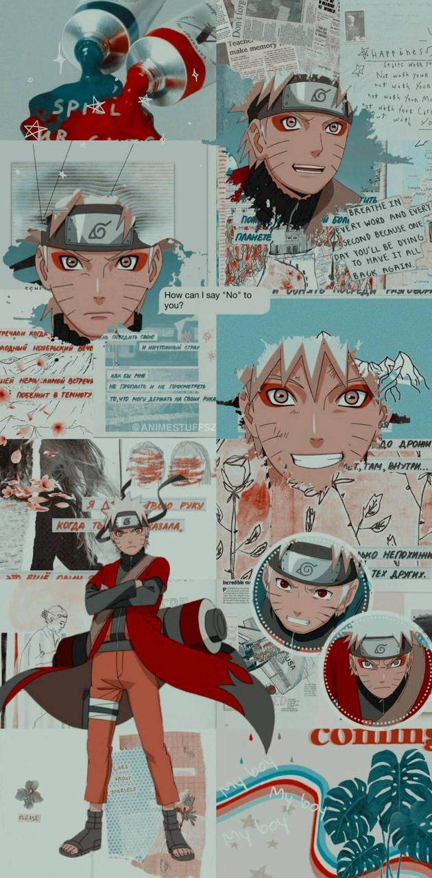 Naruto, Collage, Zeitungsstil, Rot-türkis, Hochformat, Hintergrundbild fürs Smartphone