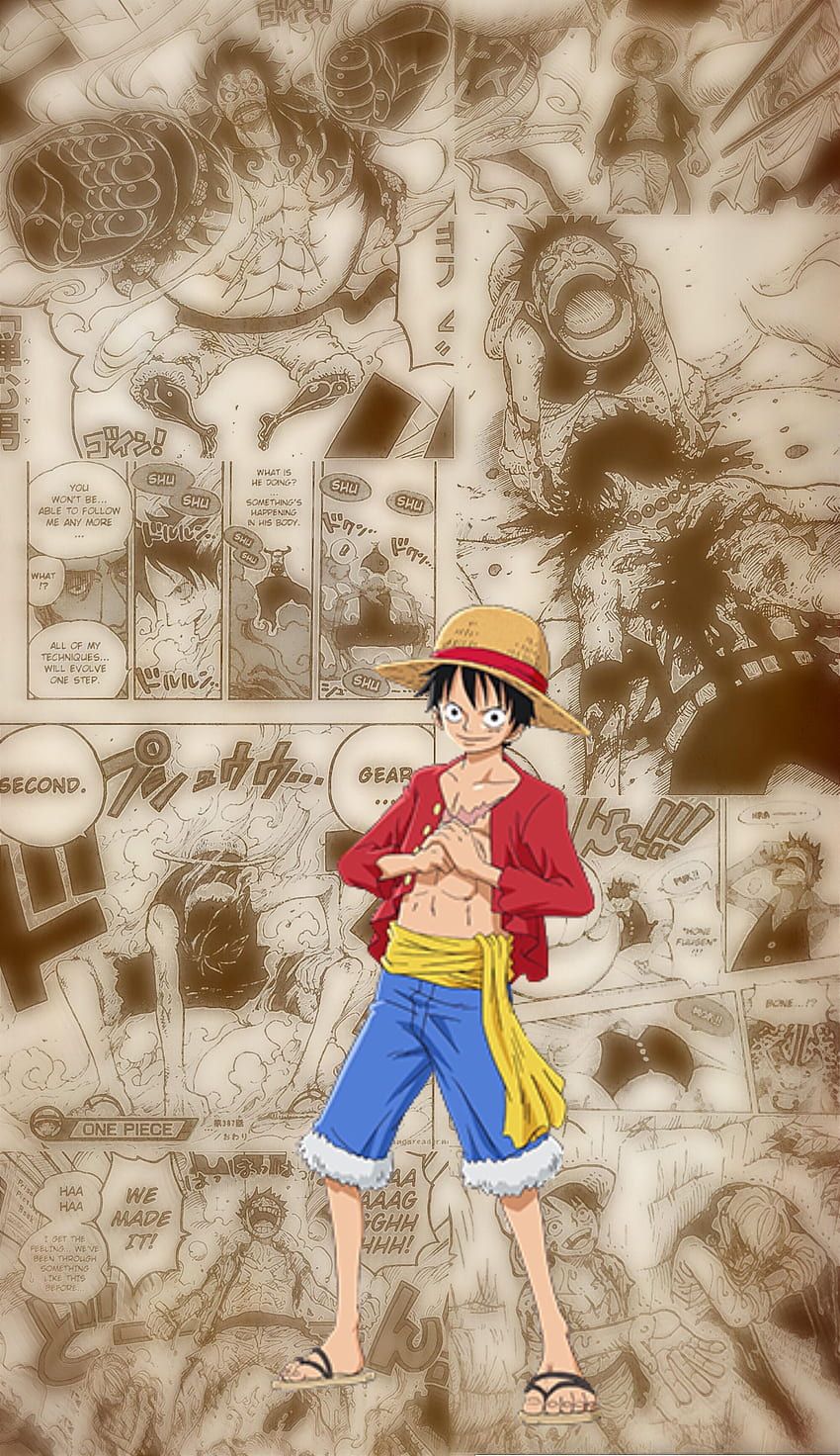 Monkey D. Ruffy, One Piece, Manga-Seiten, Sepia, Hochformat, Hintergrundbild fürs Smartphone