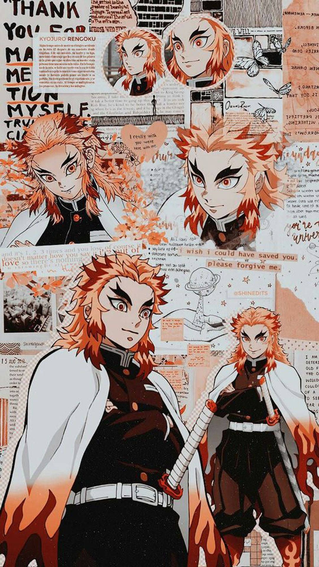 Kyojuro Rengoku, Demon Slayer, Collage, Manga, Orange, Full HD, Handy-Hintergrund im Hochformat