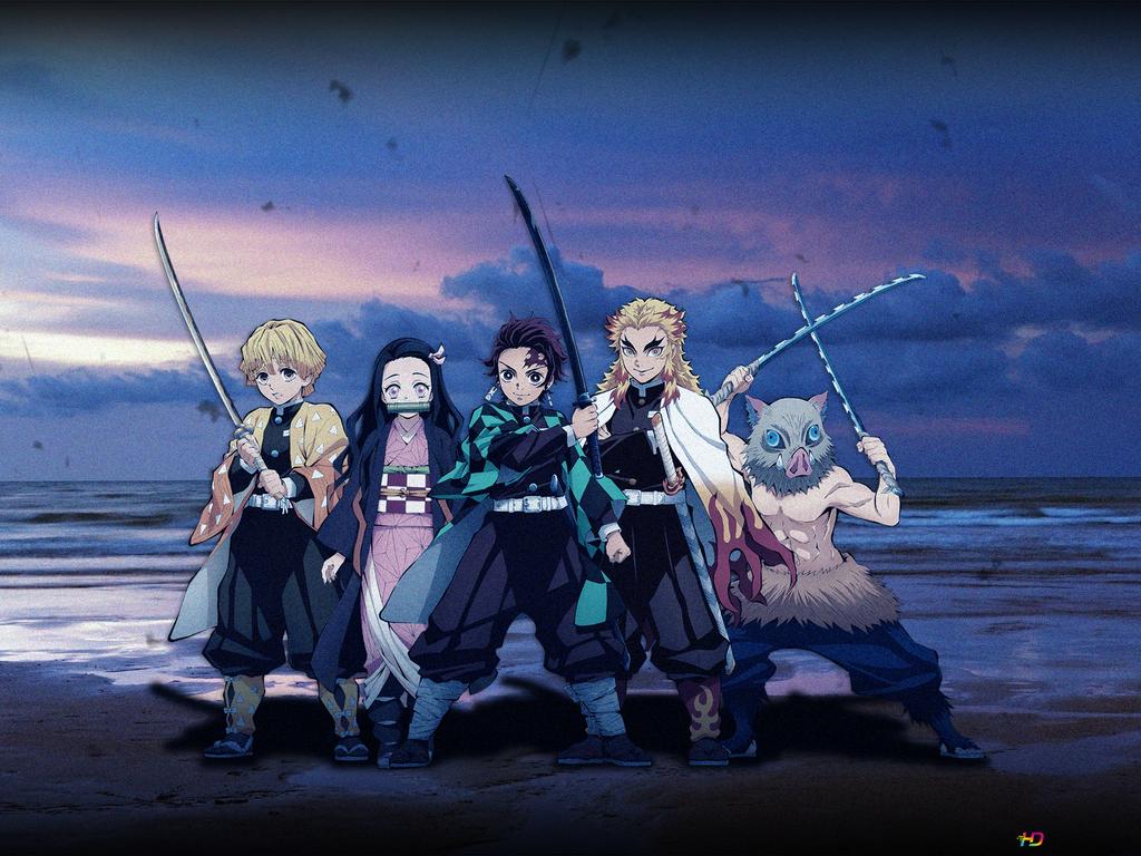 Tanjiro Kamado, Zenitsu Agatsuma, Inosuke Hashibira, Nezuko Kamado, Demon Slayer, Strand, iPad-Hintergrundbild