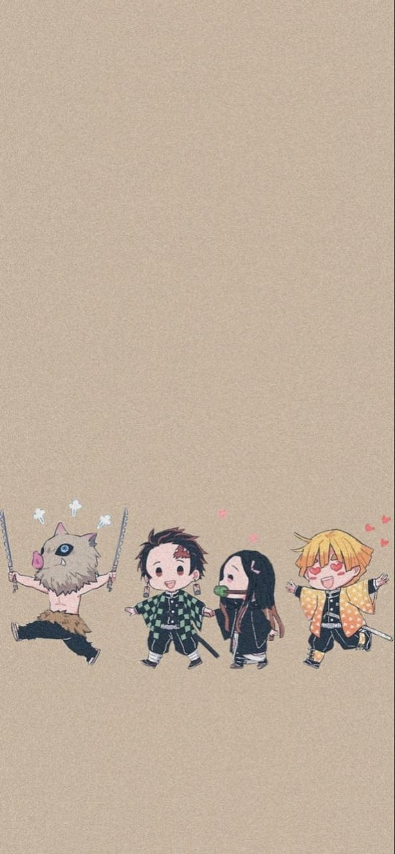 Tanjiro Kamado, Zenitsu Agatsuma, Inosuke Hashibira, Nezuko Kamado, Chibi, Beige, HD-Handy-Hintergrundbild