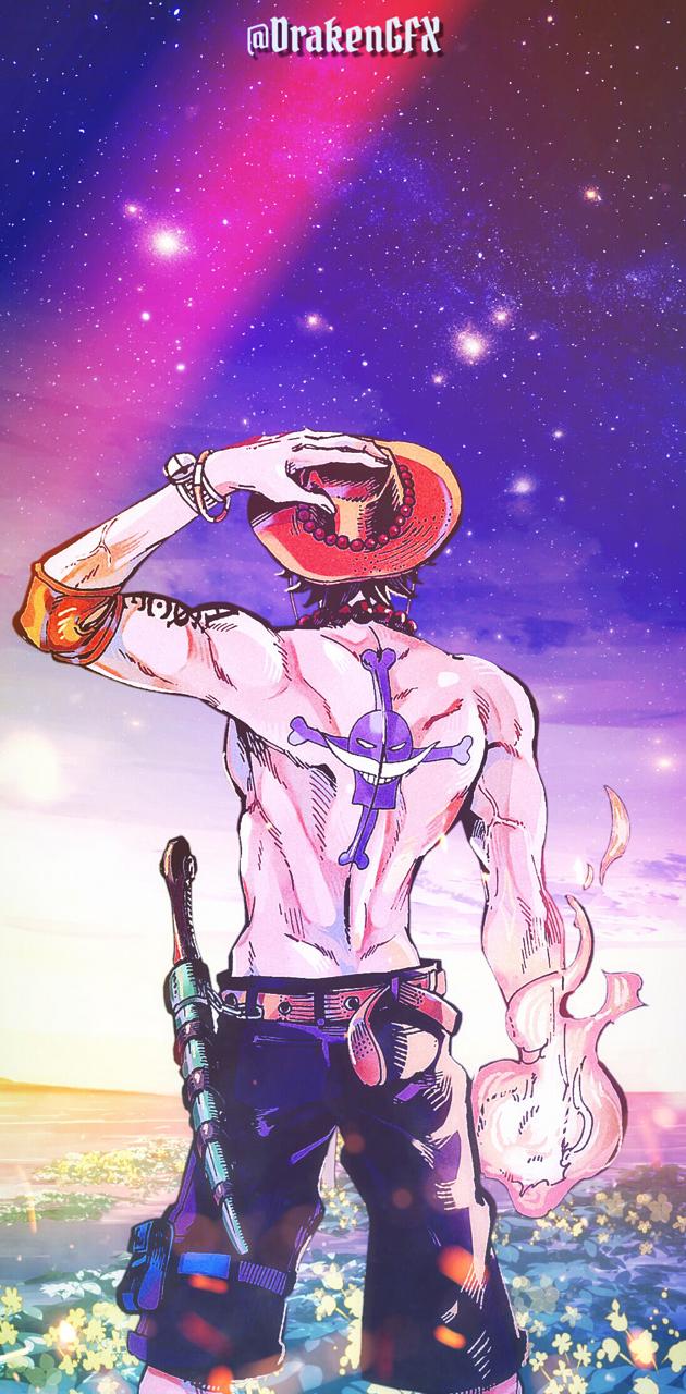 Portgas D. Ace, One Piece, Rückenansicht, Sternenhimmel, Lila, Android-Hintergrundbild