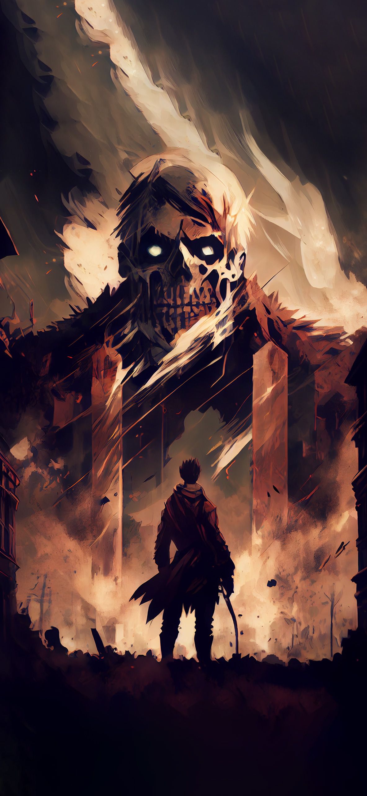 Angriffstitan, Eren Jäger, Attack on Titan, Rauch, Feuer, Full HD, Handy-Hintergrund