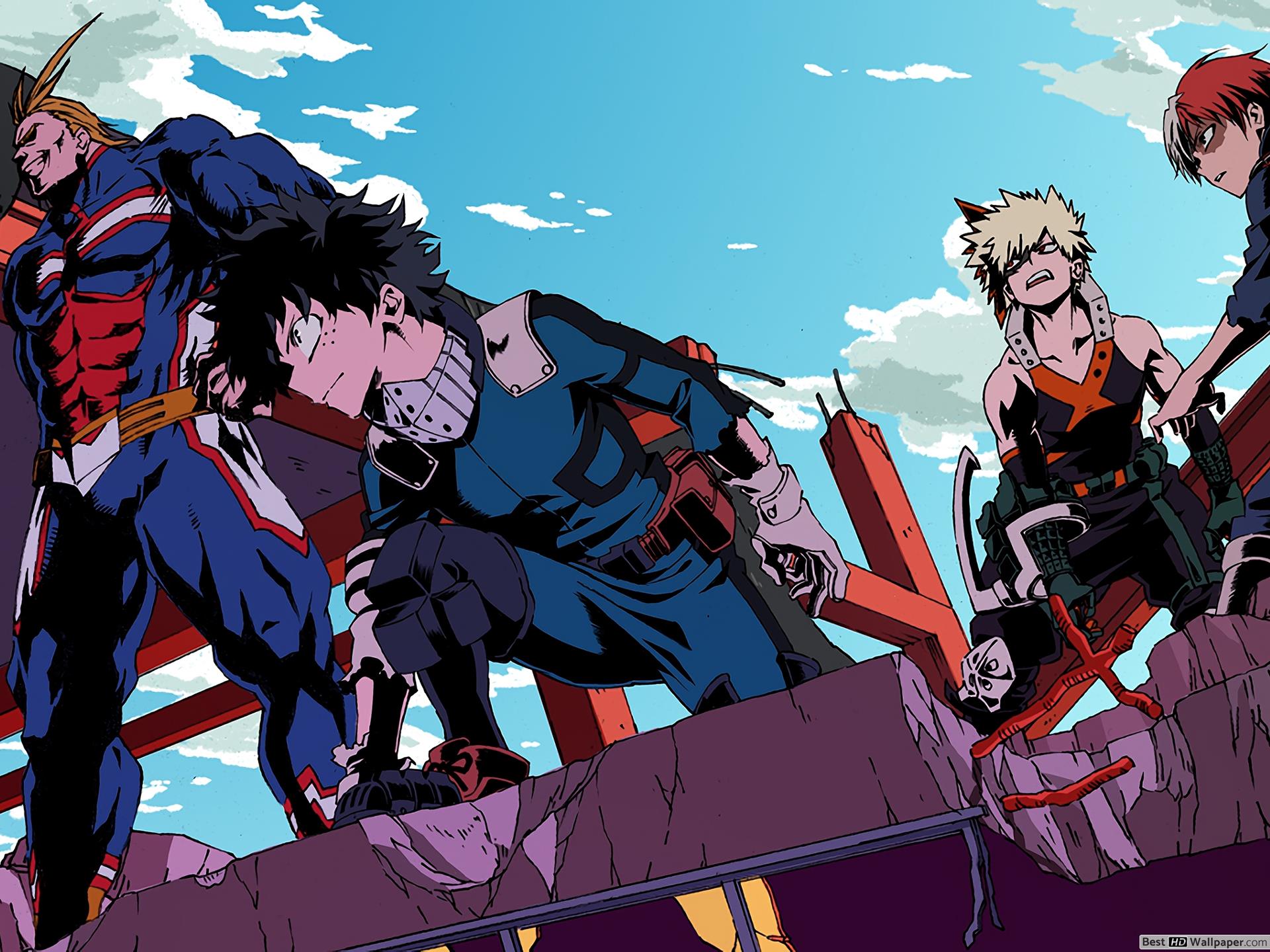 All Might, Izuku Midoriya, Katsuki Bakugo, Shoto Todoroki, My Hero Academia, Himmel, Anime, Tablet-Hintergrundbild