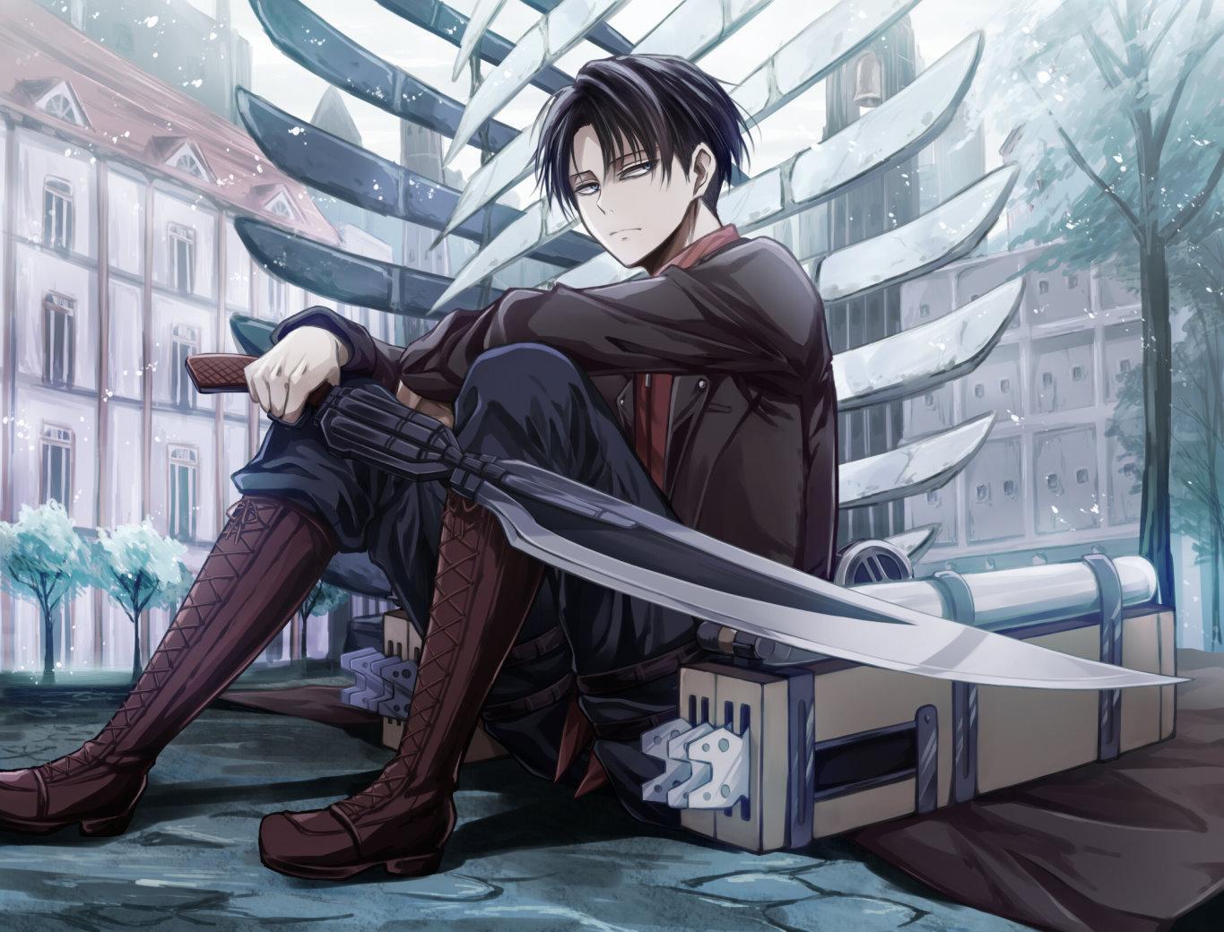 Levi Ackerman, Attack on Titan, Schwerter, Sitzend, Flügel, HD, Windows-Hintergrundbild