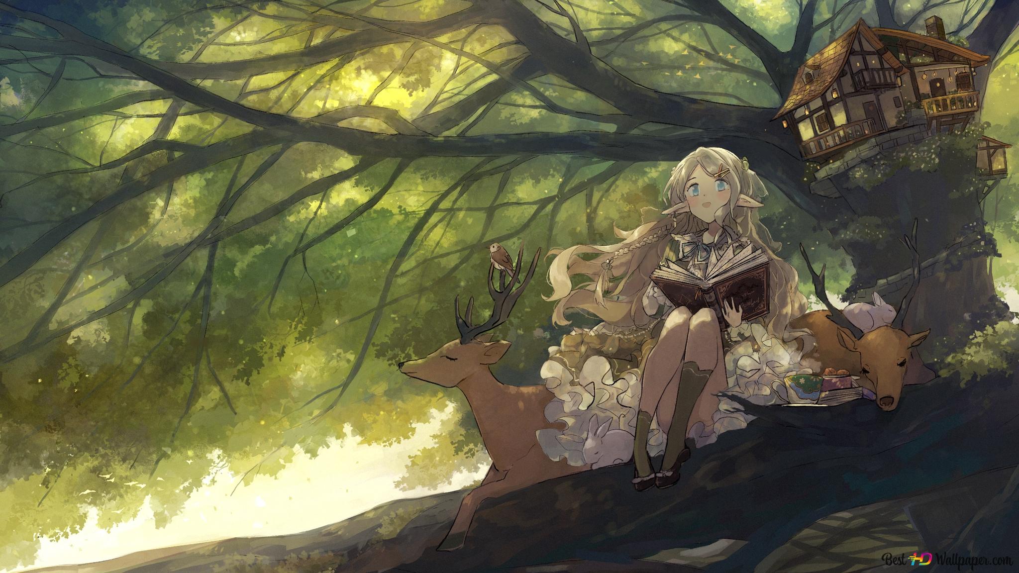 Anime-Mädchen, Hirsche, Buch, Baumhaus, Wald, Illustration, Full HD, Windows-Hintergrundbild