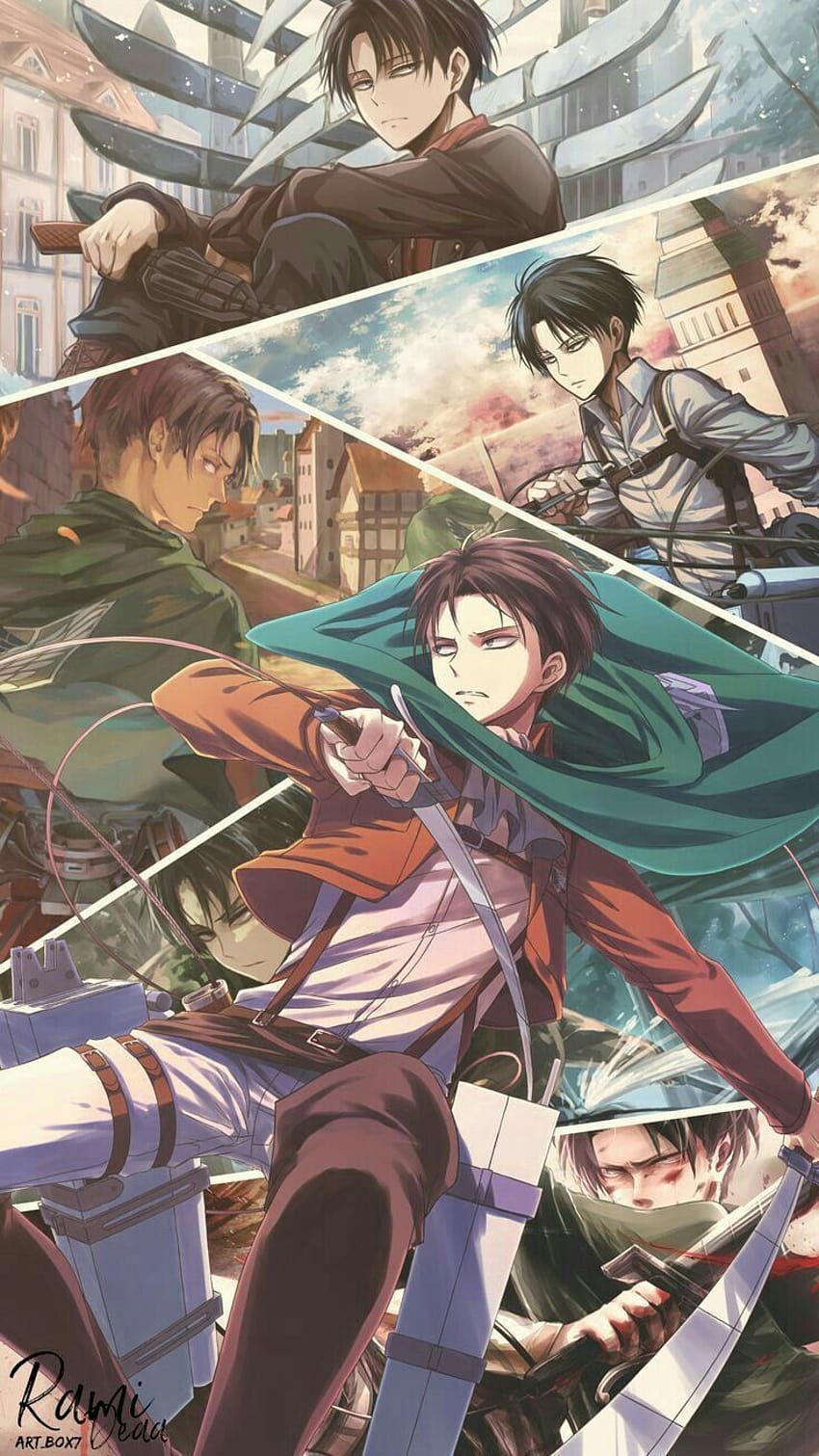 Attack on Titan, Levi Ackerman, Mikasa Ackerman, Eren Jäger, Collage, Anime, iPhone-Hintergrundbild