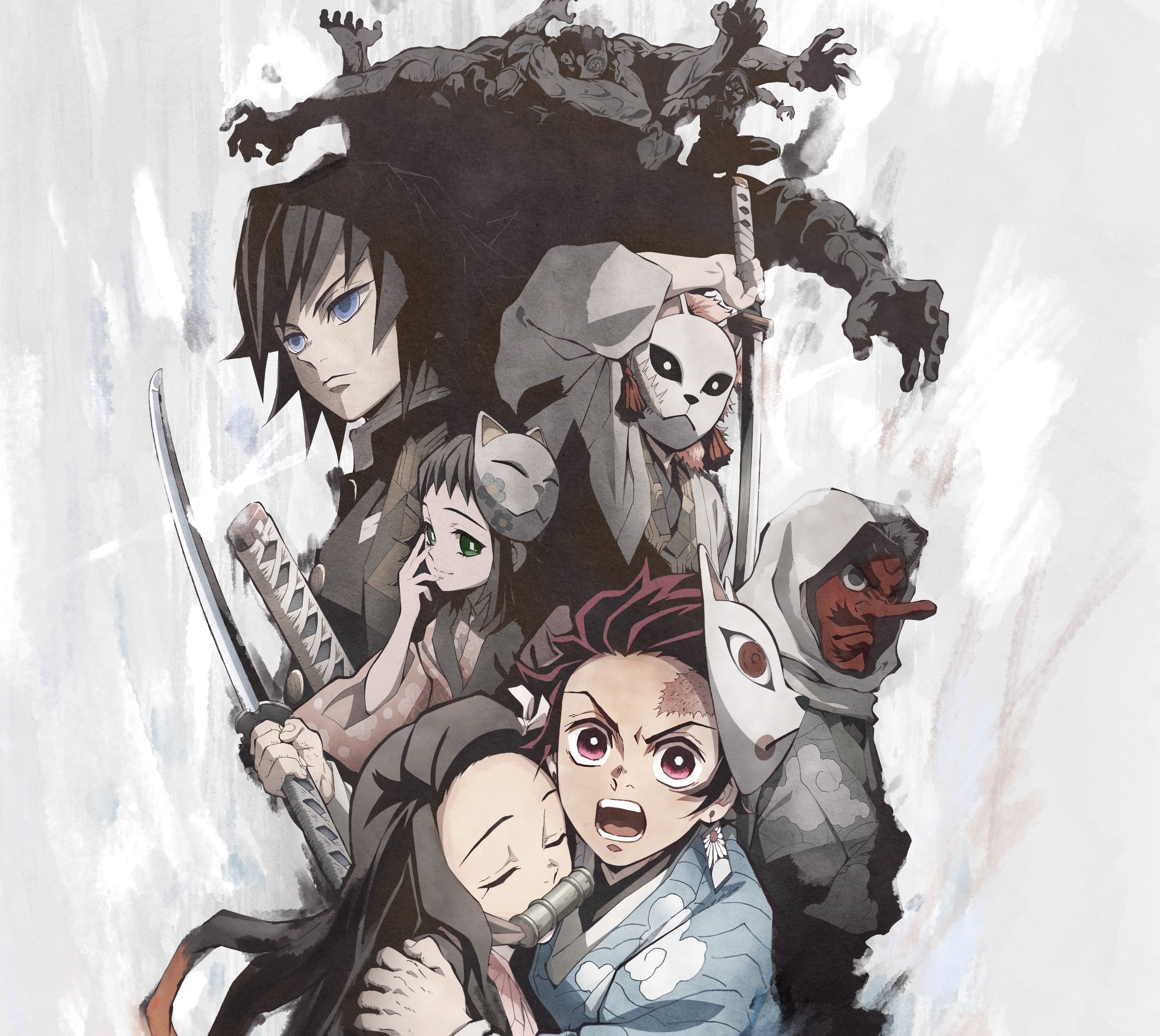 Giyu Tomioka, Tanjiro Kamado, Nezuko Kamado, Sakonji Urokodaki, Demon Slayer, Aquarell, Tablet-Hintergrundbild