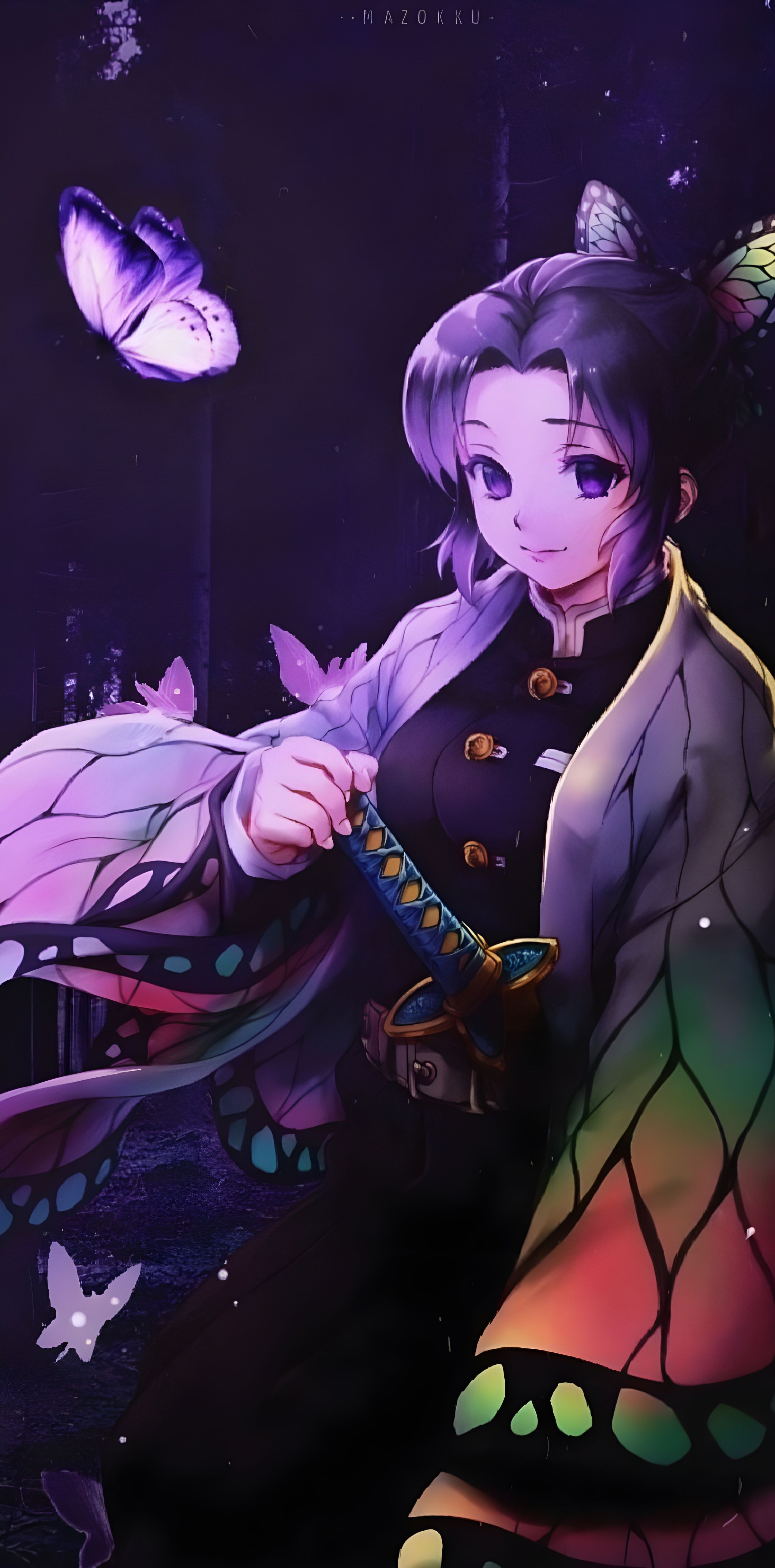 Shinobu Kocho, Demon Slayer, Schmetterlinge, Lila, Nacht, QHD+, Handy-Hintergrundbild