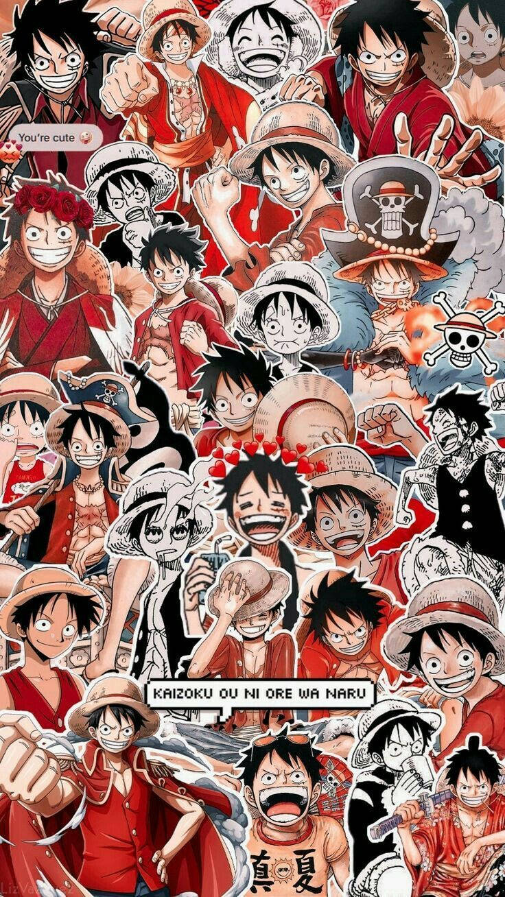 Monkey D. Ruffy, One Piece, Sticker-Collage, Rot, HD, Hintergrundbild fürs Handy