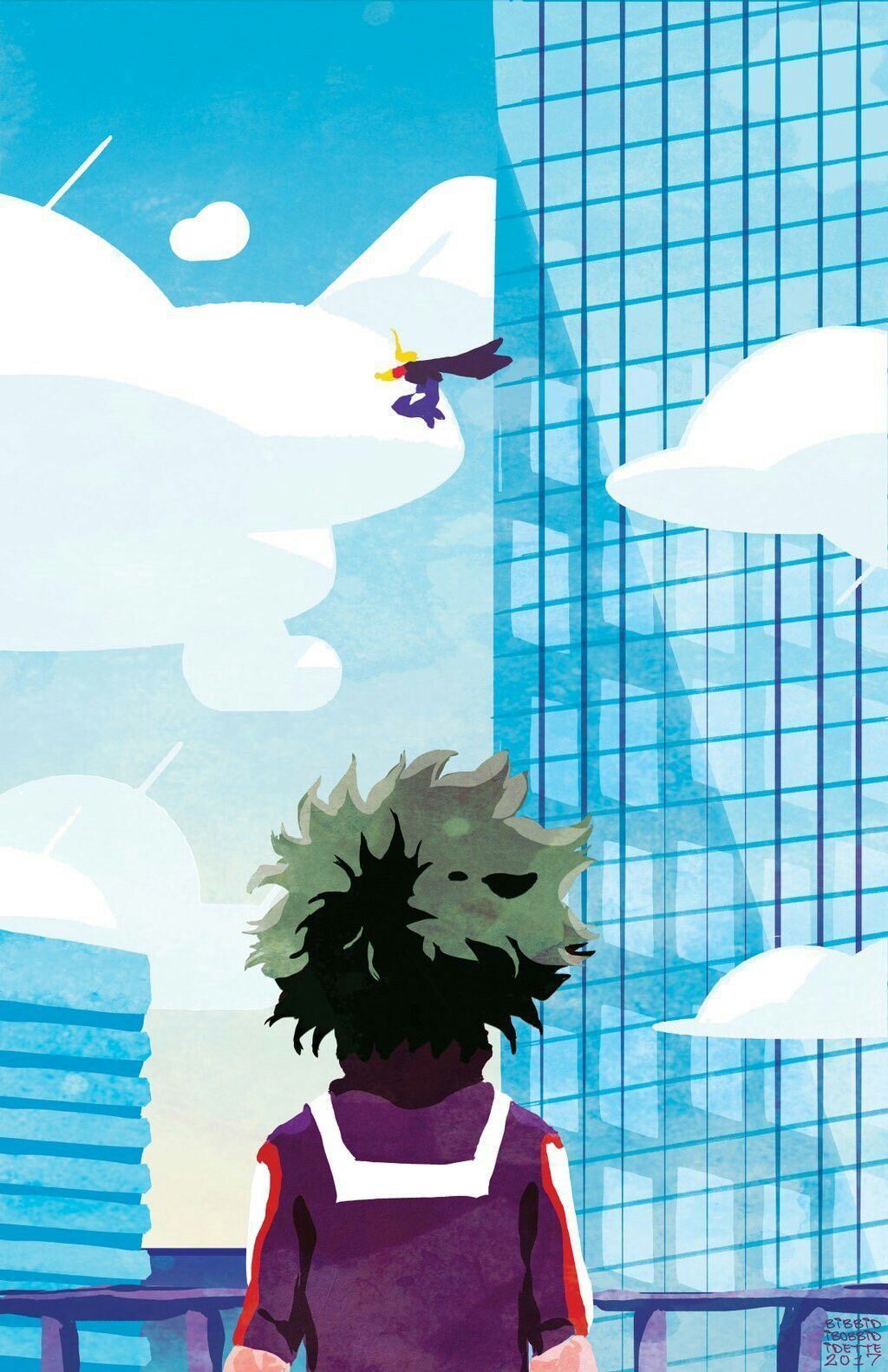 Izuku Midoriya, My Hero Academia, Wolkenkratzer, Himmel, Rückansicht, Hintergrundbild fürs Handy