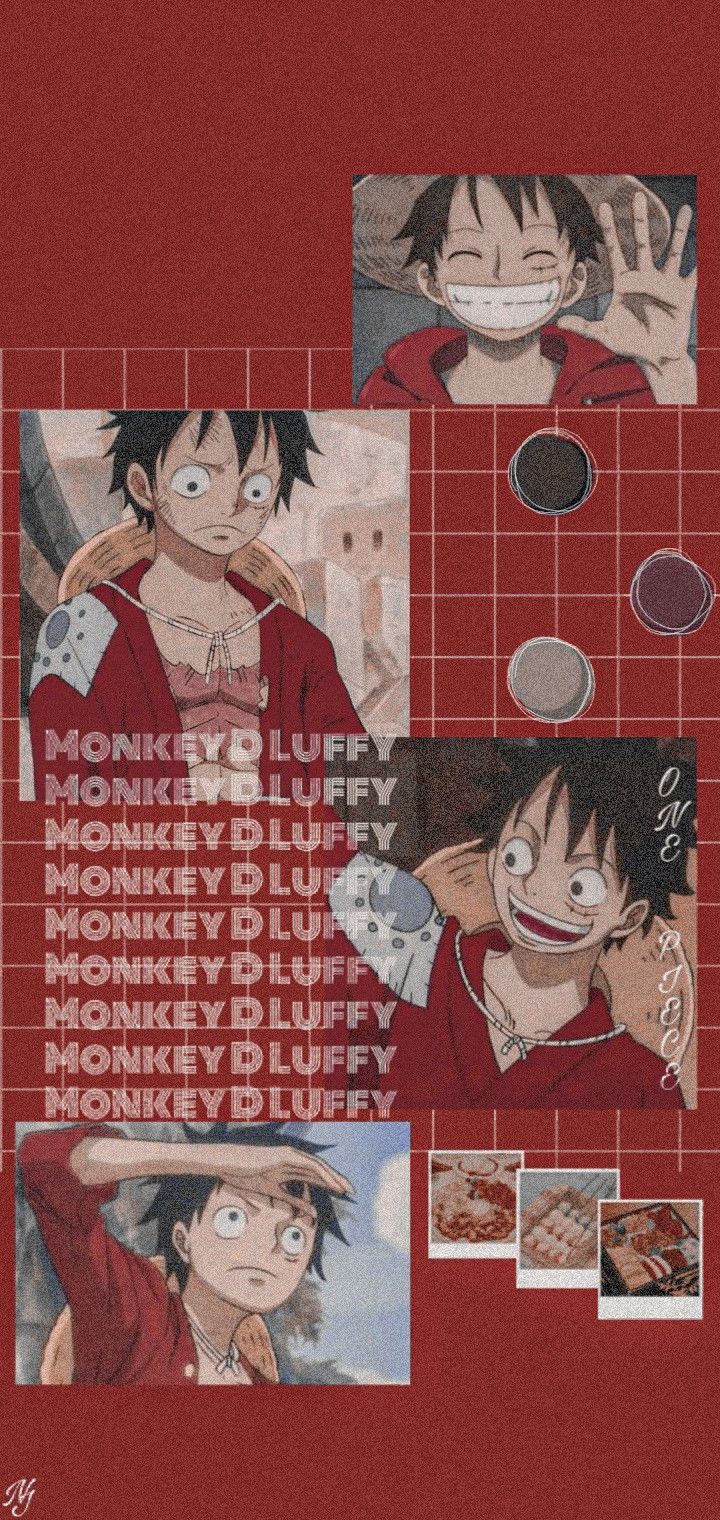 Monkey D. Ruffy, One Piece, Collage, Dunkelrot, Typografie, HD, Handy-Hintergrund