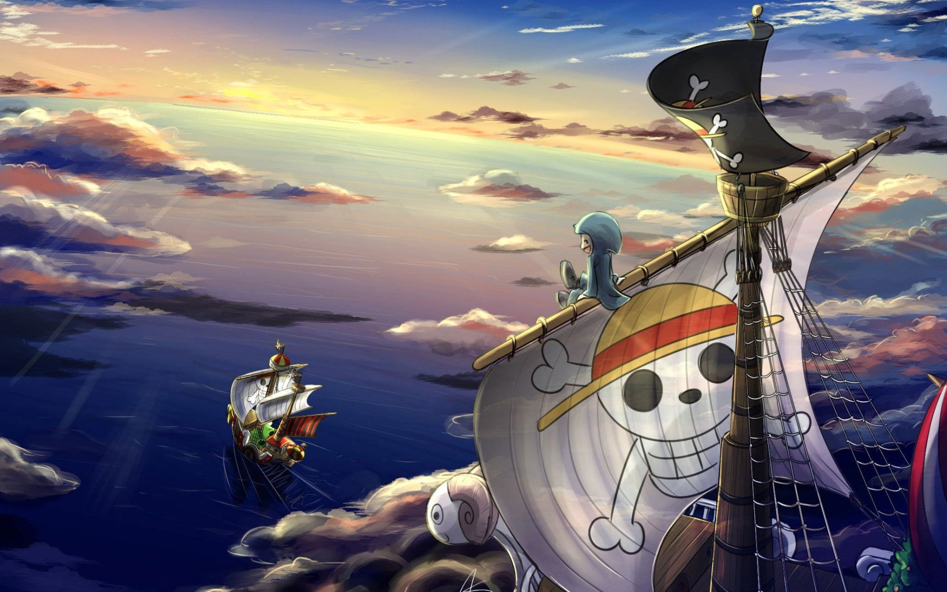 Flying Lamb, One Piece, Piratenschiff, Wolkenmeer, Sonnenuntergang, Full HD, Windows-Hintergrundbild