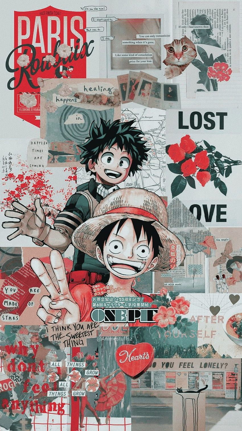Monkey D. Ruffy, One Piece, Collage, Rote Rosen, Ästhetik, HD, Handy-Hintergrundbild