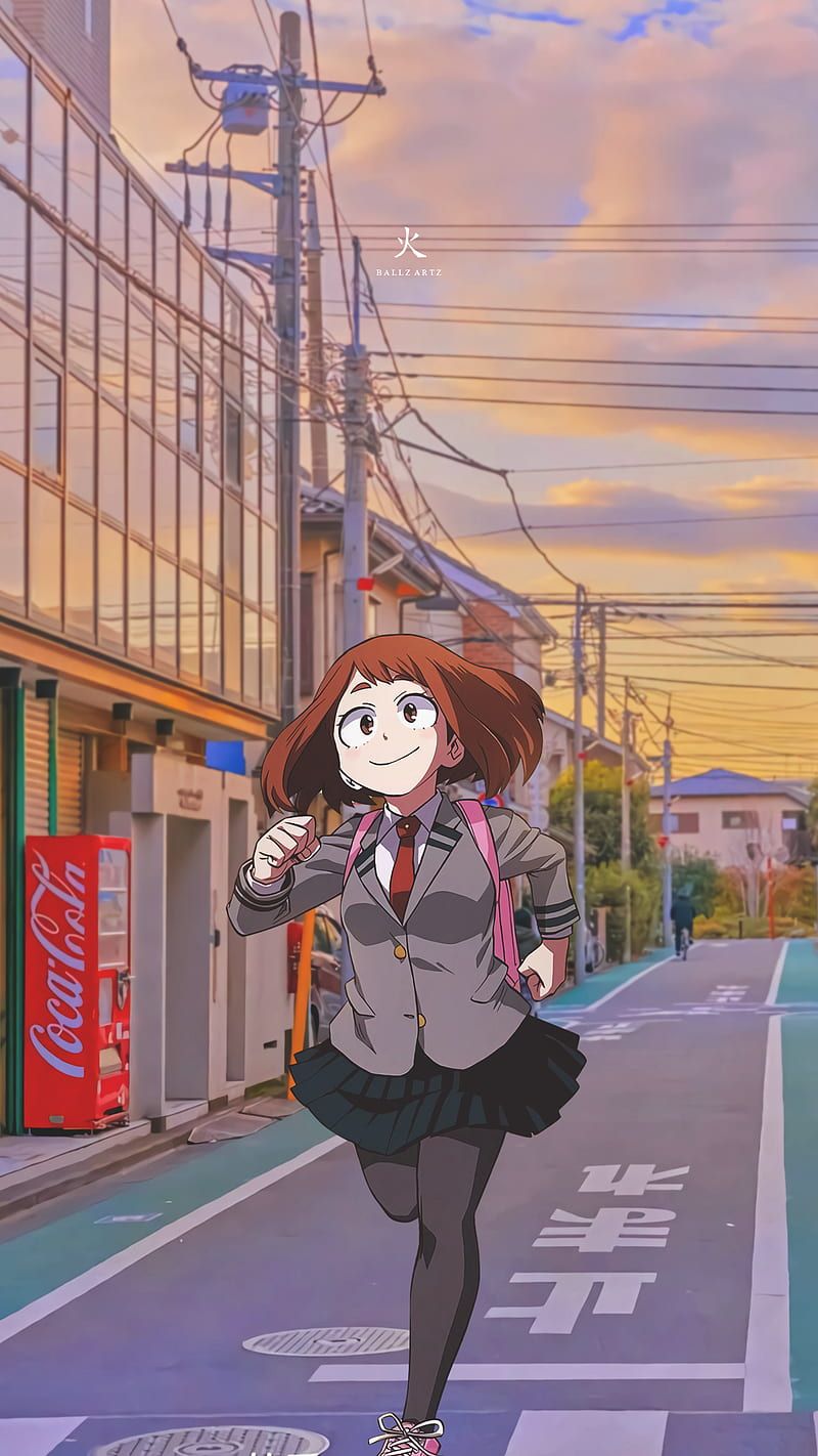 Ochaco Uraraka, My Hero Academia, Straße, Sonnenuntergang, Schuluniform, HD, iPhone-Hintergrundbild
