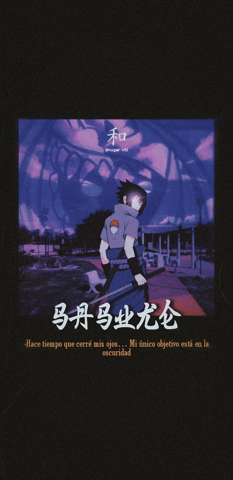 Sasuke Uchiha, Japanische Schrift, Schwarz, Lila, Hochformat, Hintergrundbild fürs Smartphone
