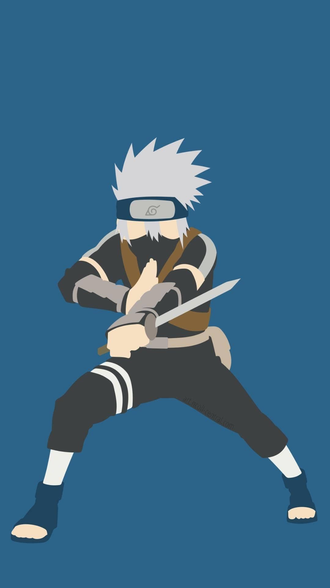 Kakashi Hatake, Kunai, Kampfhaltung, Blauer Hintergrund, Sperrbildschirm fürs iPhone