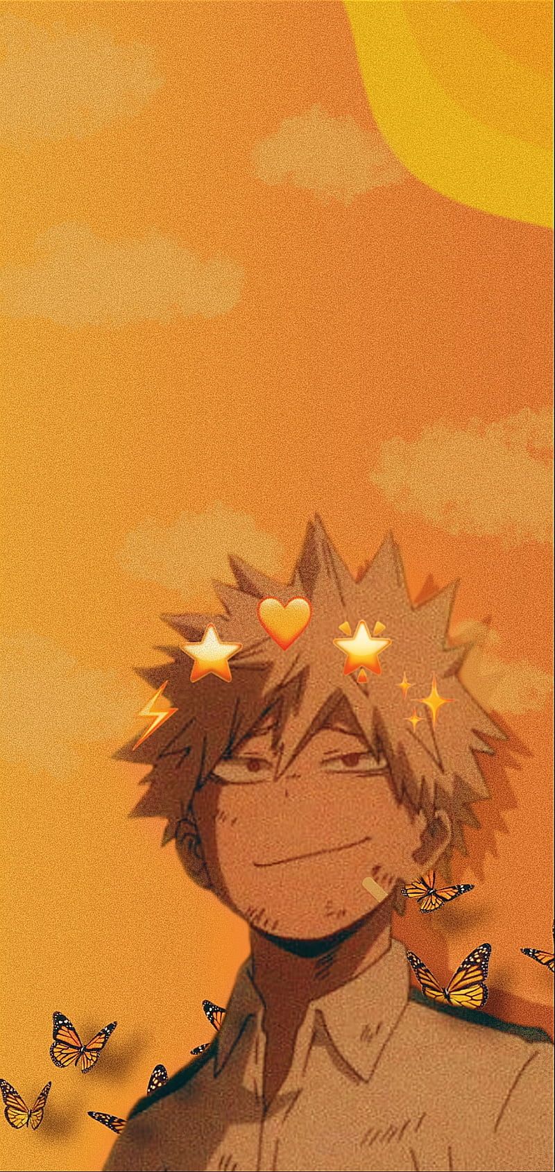 Katsuki Bakugo, My Hero Academia, Orangener Hintergrund, Sonne, Lächeln, Sperrbildschirm fürs iPhone