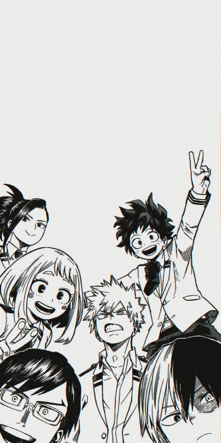 Izuku Midoriya, Katsuki Bakugo, Ochaco Uraraka, My Hero Academia, Manga, Schwarz-Weiß, Smartphone-Hintergrund